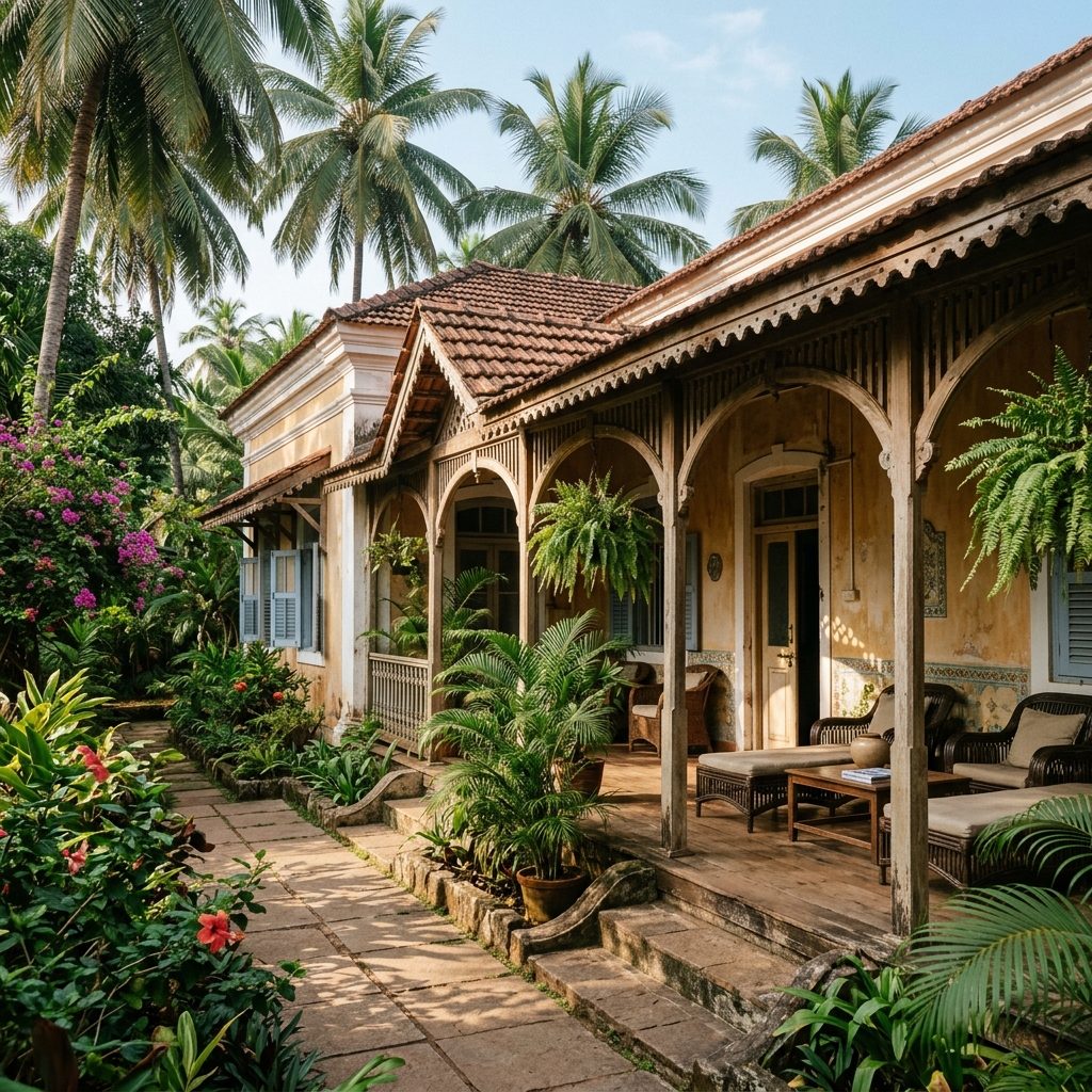 Long colonial verandah with cane chairs and evening light
