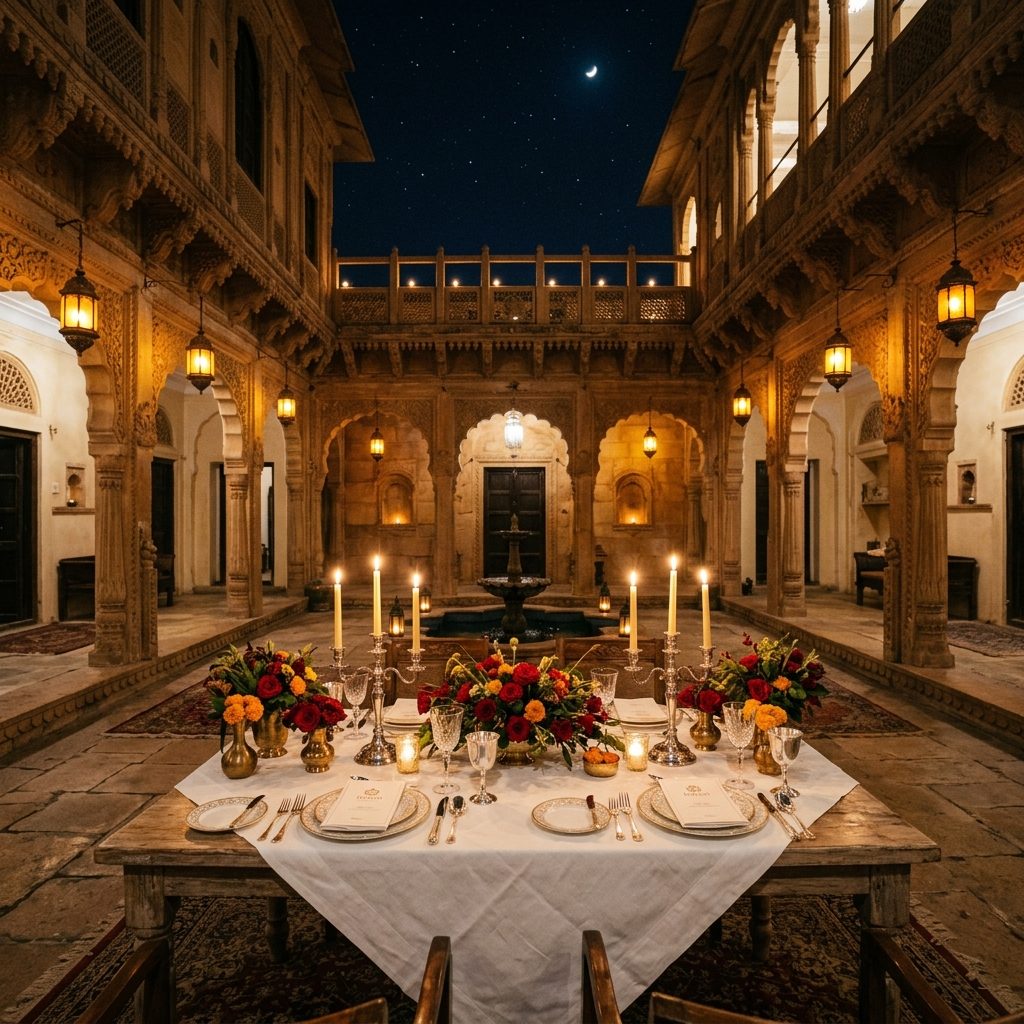 Candlelit heritage room in India set for a private evening of music
